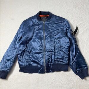 Rag & Bone Mens Manston Bomber Jacket Navy Blue Satin Flight Style Size Medium